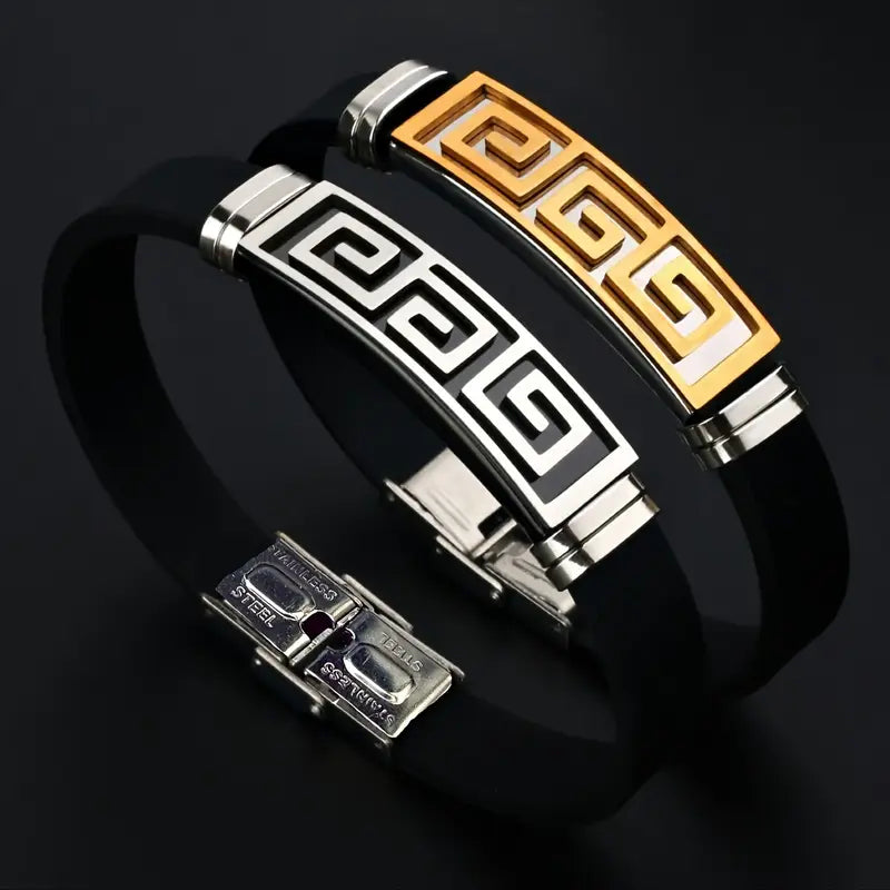 Bransoletka męska z silikonu połączonego z elegancka stalą nierdzewną „Greca Line”