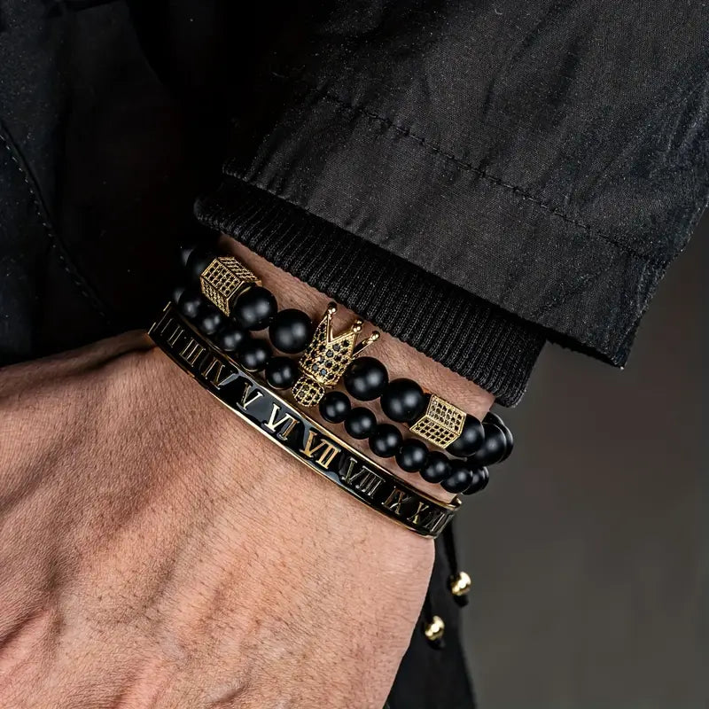 Zestaw 3 Męskich Bransoletek z koroną, z cyrkoniami „Regnum Crown Elite”