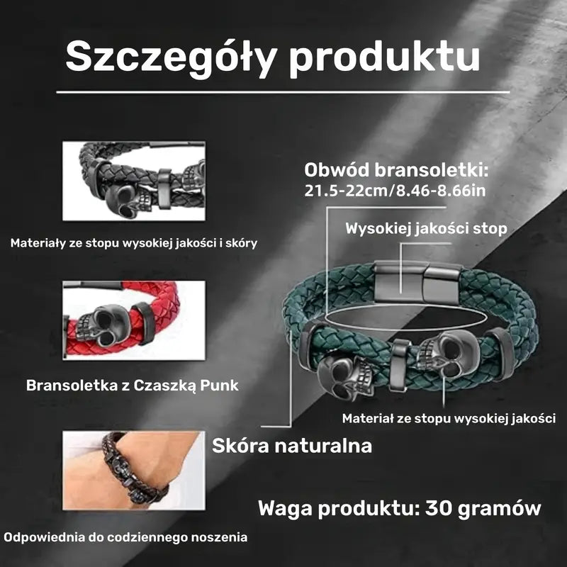 Męska bransoletka z plecionej skóry z czaszkami „Nocturnus”