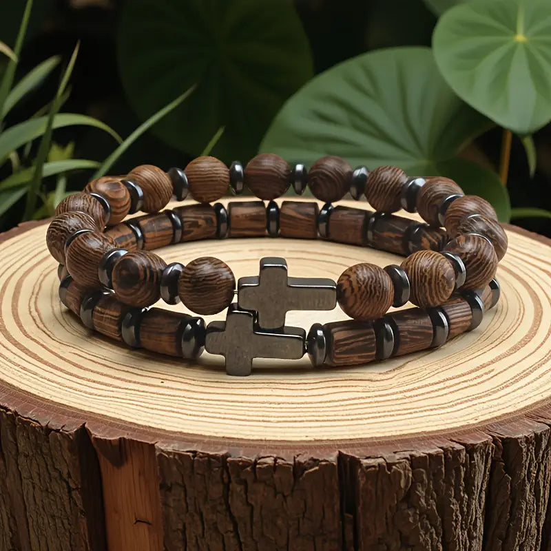 Bransoletka z drewna i metalu z krzyżykiem „Sanctum Wood”