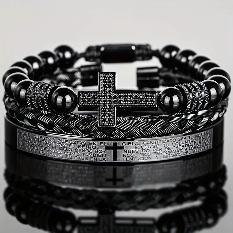 Zestaw 3 męskich bransoletek z metalu „Crux Divinum”