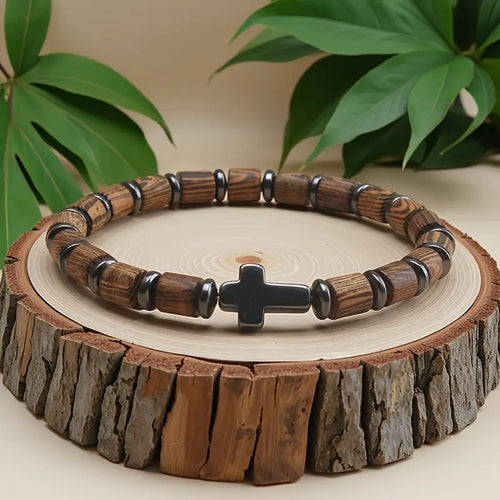 Bransoletka z drewna i metalu z krzyżykiem „Sanctum Wood”