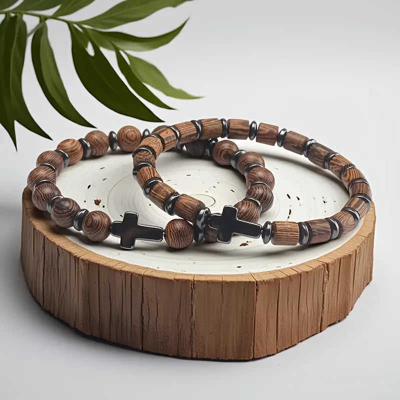 Bransoletka z drewna i metalu z krzyżykiem „Sanctum Wood”