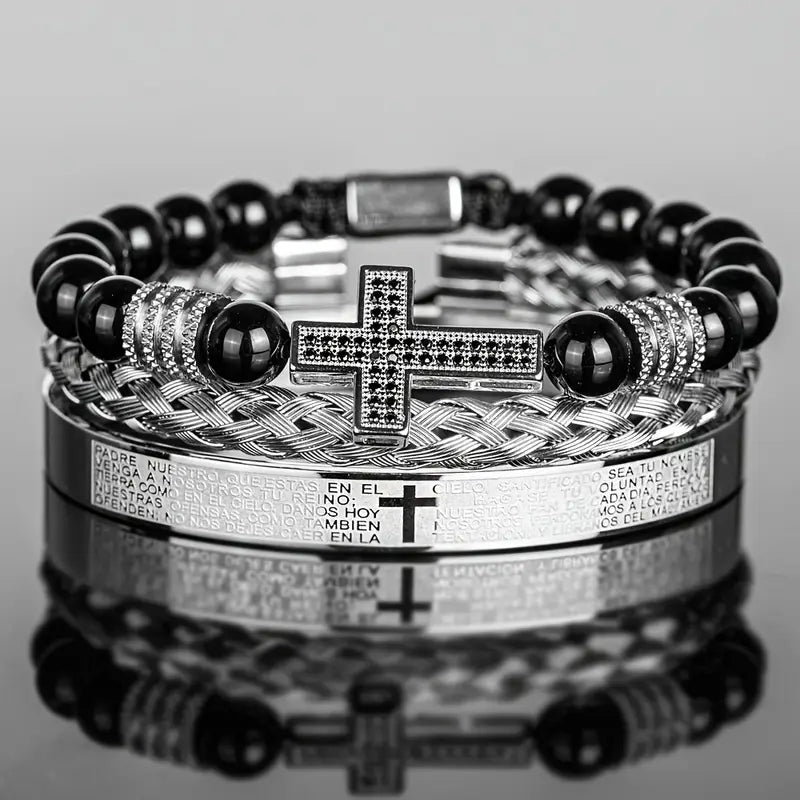 Zestaw 3 męskich bransoletek z metalu „Crux Divinum”