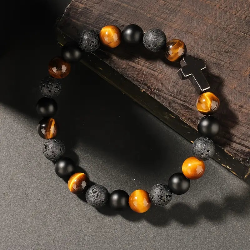 Bransoletka z lawy wulkanicznej z krzyżykiem z hematytu „Crux Vulcanus”