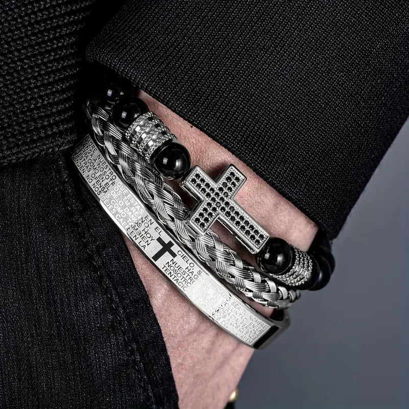Zestaw 3 męskich bransoletek z metalu „Crux Divinum”