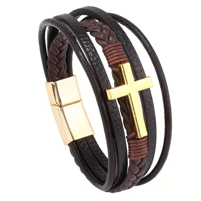 Bransoletka z plecionej skóry z metalowym krzyżykiem „CrossLine Rustic Leather”