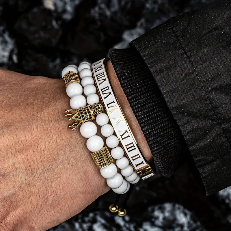 Zestaw 3 Męskich Bransoletek z koroną, z cyrkoniami „Regnum Crown Elite”