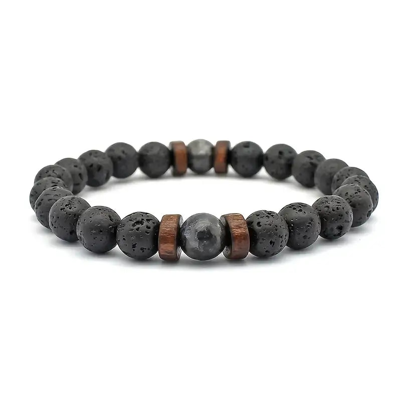 Bransoletka z lawy wulkanicznej z drewnianymi przekładkami „Obsidian Wood Balance”