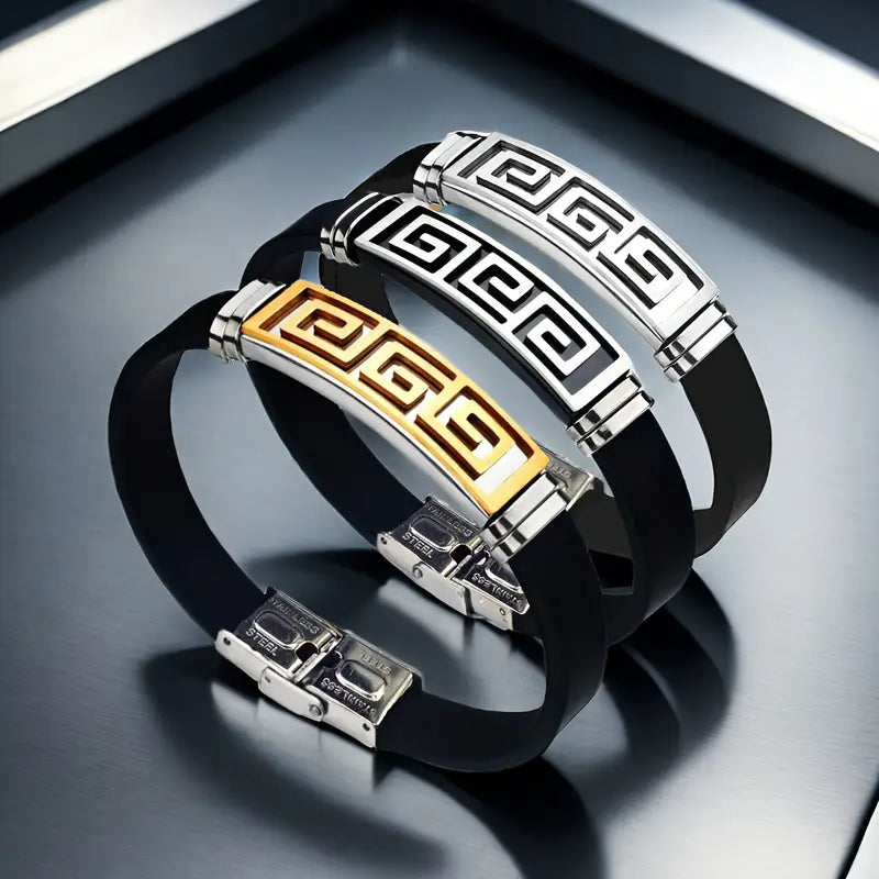 Bransoletka męska z silikonu połączonego z elegancka stalą nierdzewną „Greca Line”