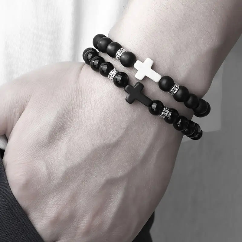 Zestaw 2 czarno-białych bransoletek z krzyżykiem „Dualis Cross”