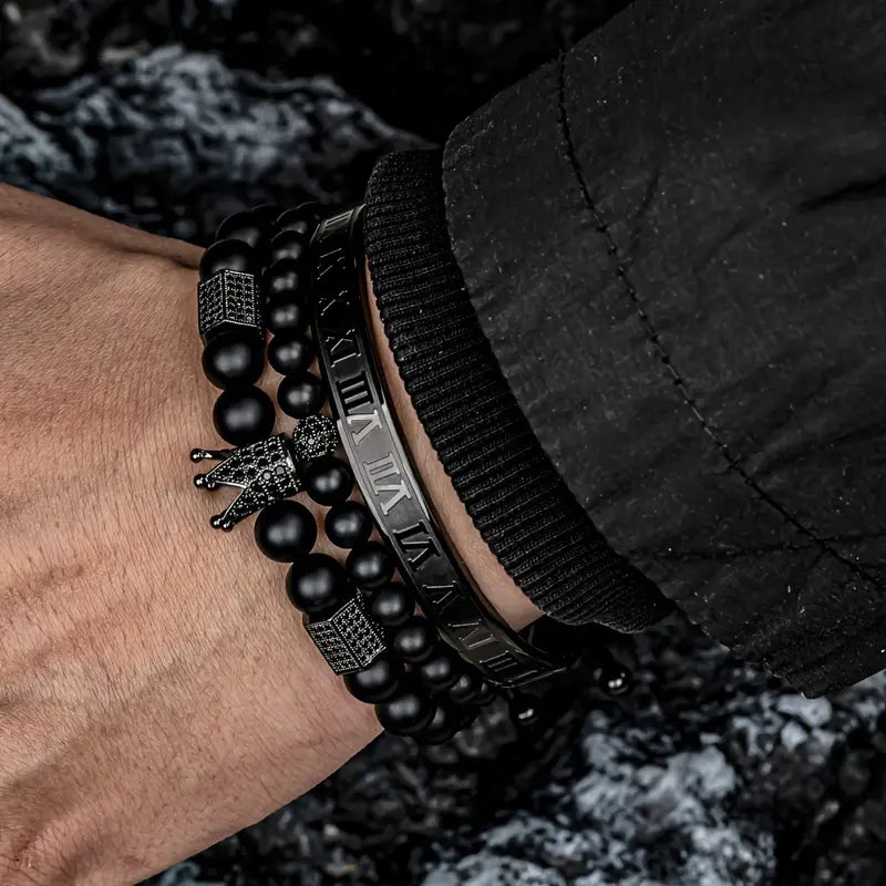 Zestaw 3 Męskich Bransoletek z koroną, z cyrkoniami „Regnum Crown Elite”