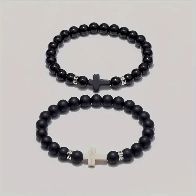 Zestaw 2 czarno-białych bransoletek z krzyżykiem „Dualis Cross”