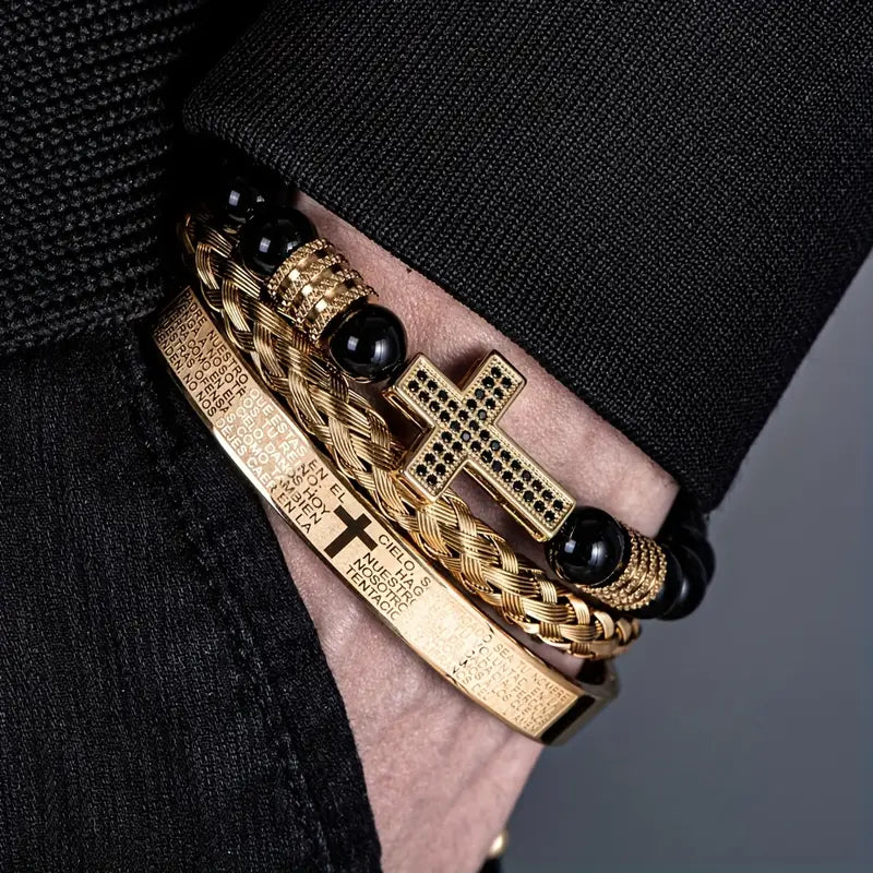 Zestaw 3 męskich bransoletek z metalu „Crux Divinum”